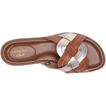 Sandalia Plana Mujer Reyna Weave Clarks Cuero Tostado Metalizado Combi