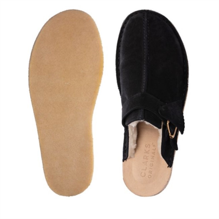 Mule Clarks Trek De Ante Negro Con Forro Cálido Negro De Ante Con Forro Cálido