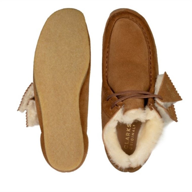 Bota Wallabee De Cuero Marrón Clarks Con Forro De Cuero Tostado
